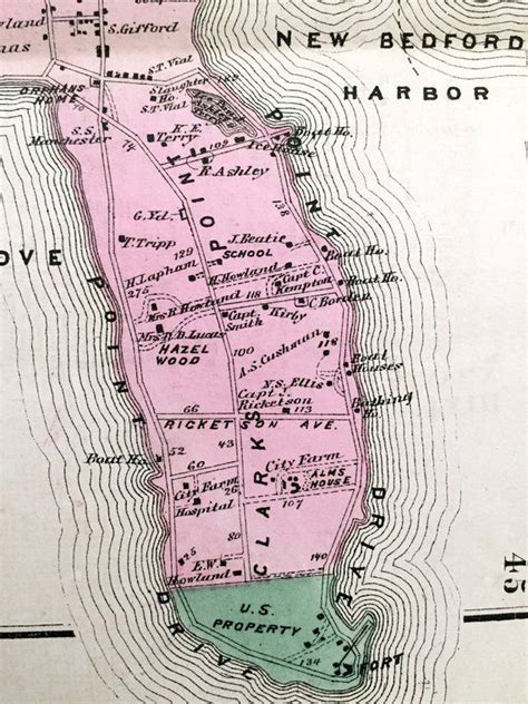 Antique 1871 New Bedford, Massachusetts Map From F.W. Beers Atlas of Bristol County Acushnet ...