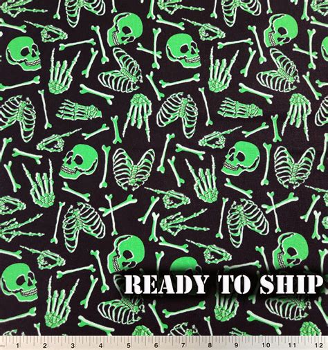 Glow in the Dark Skeleton Skulls and Bones Halloween Cotton Fabric by the Yard, 1/2 Yard, FQ ...