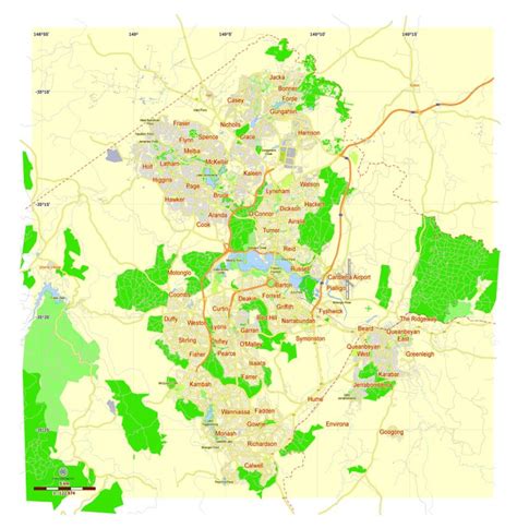 Canberra: Free Printable Map Canberra, Australia, exact vector street map, fully editable Adobe ...