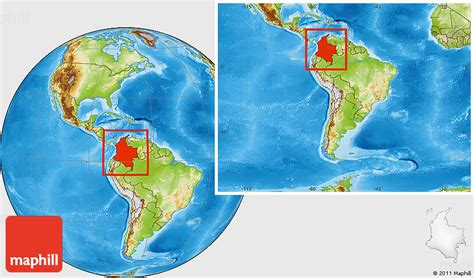 Physical Location Map of Colombia, within the entire continent