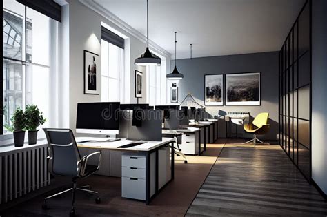 Modern Open-plan Office, with Clean Lines and Sleek Furniture, Features Sleek Desks and ...