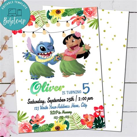 Editable Lilo and Stitch Luau Birthday Invitations DIY | Bobotemp