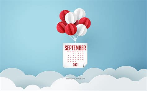 2021 September Calendar, blue sky, white and red balloons, September 2021 Calendar, HD wallpaper ...