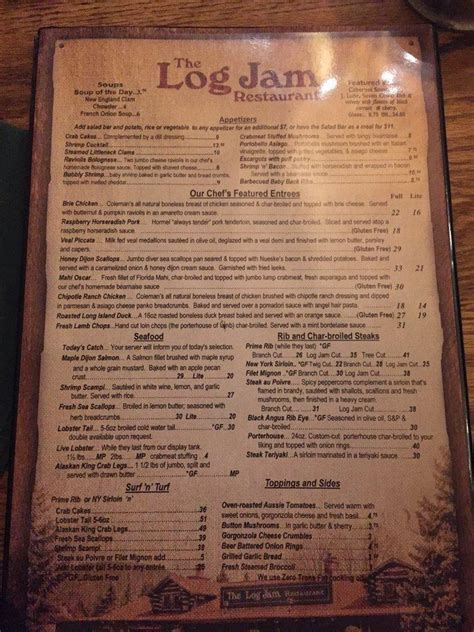 Menu at The Log Jam Restaurant, Queensbury