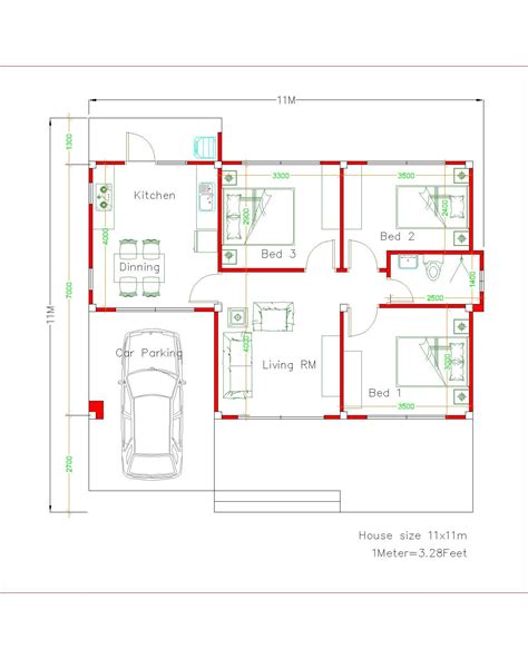 Simple House Design Plans 11x11 with 3 Bedrooms - House Plans 3D