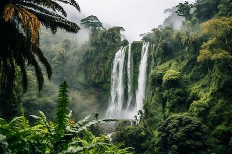 Premium Photo | A waterfall in the middle of a lush green forest