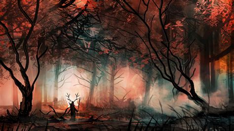 Wallpaper : trees, forest, digital art, fantasy art, mist, hero, loneliness, autumn, darkness ...