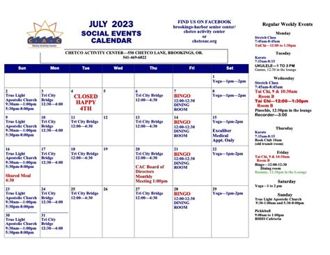 July Calendar of Events | Chetco Activity Center