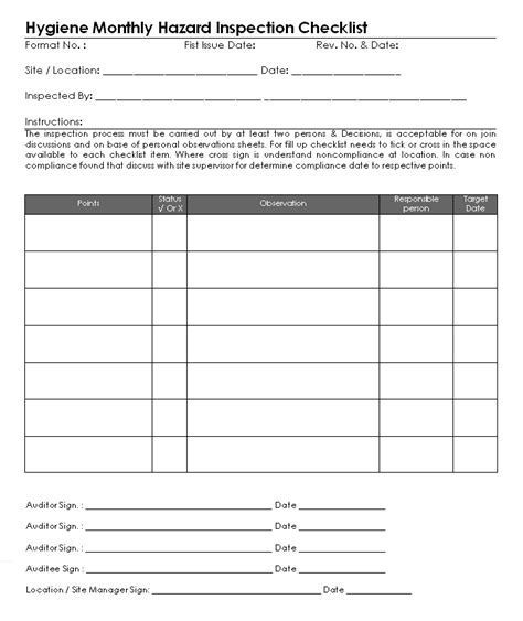 Hygiene inspection checklist - Monthly Checklist templates & Format