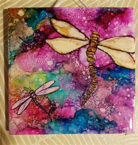 Dragonflies. Alcohol ink on tile. Dori English Designs | Alcohol ink ...