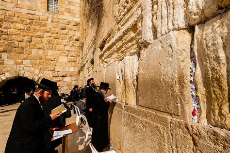 Orthodox Jewish men praying in the men's section, Western Wall (Wailing Wall), Old City ...