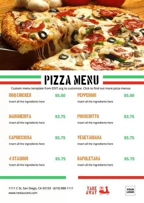 Online customizable pizza menu templates