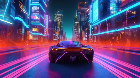 3d Rendering Of Neon City With Futuristic Car Driving Through ...