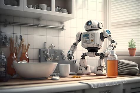 Premium AI Image | Home cleaning robot cleans the kitchen Generative AI