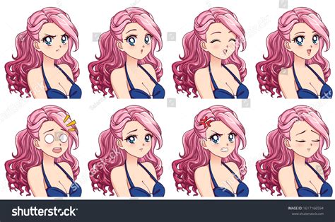 Set Cute Anime Girl Different Expressions Stock Vector (Royalty Free ...