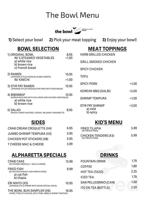 The Bowl menu in Marietta, Georgia, USA