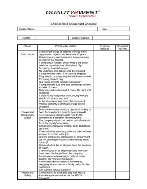 SA8000:3008 Social Audit Checklist - Quality 2 West