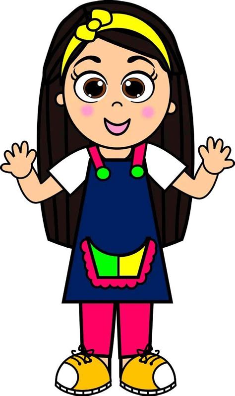 a cartoon girl with long hair and big eyes wearing a blue dress, pink pants and yellow shoes