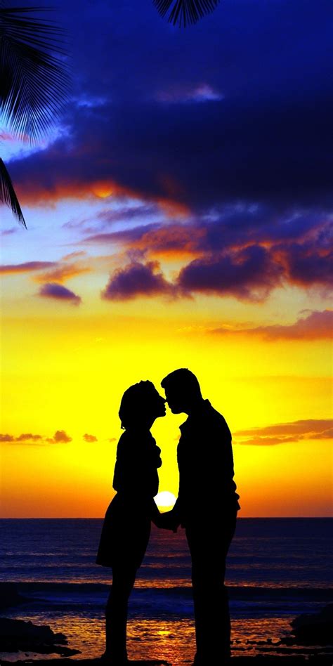 Kiss, couple, sunset, beach, silhouette, art, 1080x2160 wallpaper Beach ...