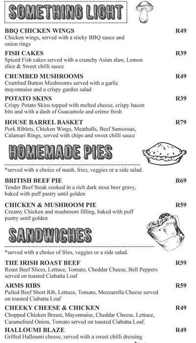 Devonshire Arms Menu, Menu for Devonshire Arms, Braamfontein, Inner ...