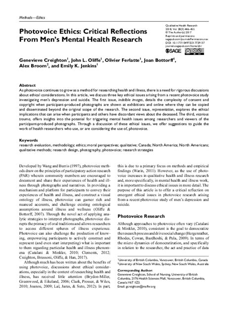 (PDF) Photovoice Ethics: Critical Reflections From Men's Mental Health Research | Joan Bottorff ...