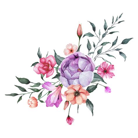 Watercolor Flowers Bouquet Clipart With Various Flower And Green Leaves Illustration, Flowers ...