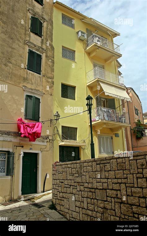 CORFU TOWN, CORFU, GREECE - SEPTEMBER 11, 2017 old town of Corfu walkable historic area - yellow ...