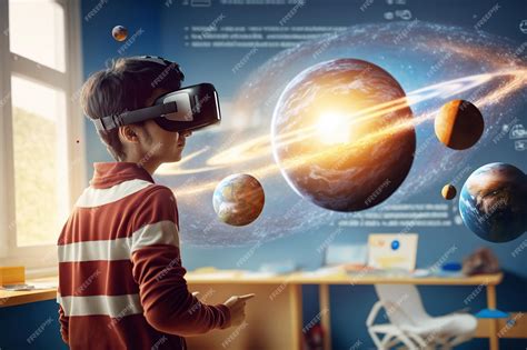 Premium Photo | Ai generated illustration boy in VR glasses wear hoodie with planets in classroom