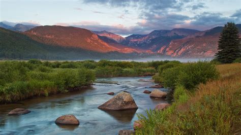 nature, landscape, mountains, rocks, river, plants, clouds, sky, forest, mist, sunrise, Rocky ...