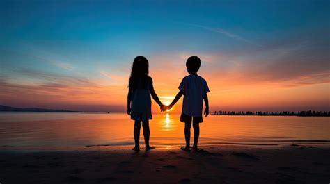 Premium AI Image | Kids silhouette holding hands at sunset on the beach ...