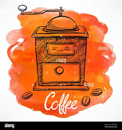 coffee grinder on the background of watercolor stains. hand-drawn ...