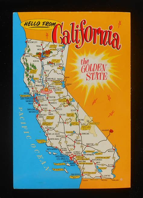 1970s? Postcard State Map of California Landmarks Icons The Golden ...