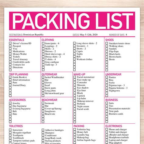 packing list printable editable pdf creatingmaryshomecom - modern bright pink printable packing ...