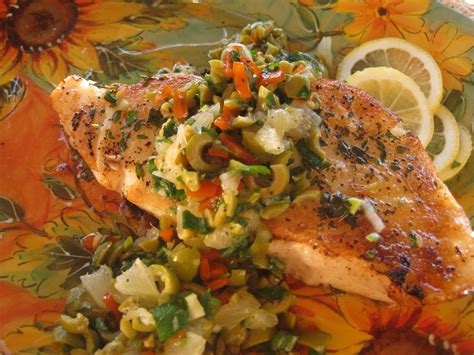 Pan Roasted Sea Bass with Lemon Olive Relish