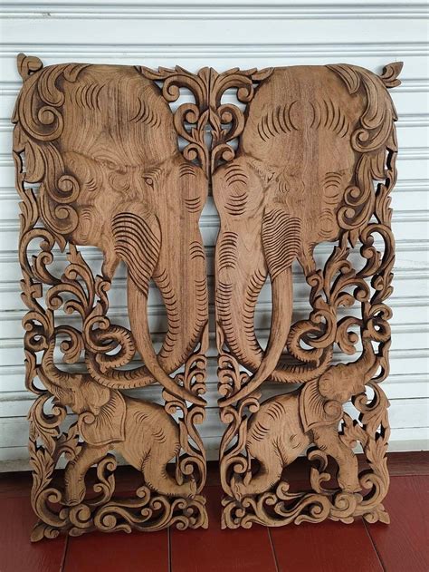 Elephant Wall Panels Carved Wooden Planks Twin Elephants Wall | Etsy