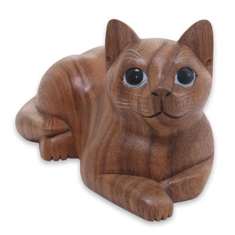 UNICEF Market | Hand Carved Wood Cat Sculpture from Balinese Artisan - Short Haired Cat