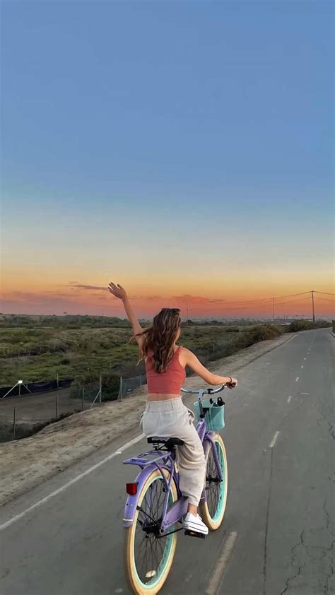 Bike ride aesthetic, bike ride outfit, summer outfit inspo, aesthetic sunset, beach bike ride in ...