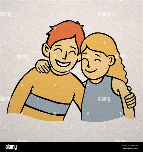 A happy positive boy and a cute smiling girl hugging cartoon style ...