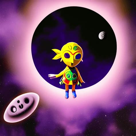 Small Person in Majora's Mask Floating in Space with Moon · Creative Fabrica