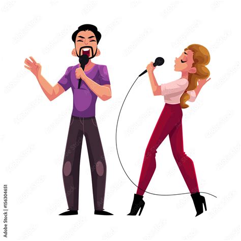 Man and woman, couple singing in duet, karaoke party, contest ...