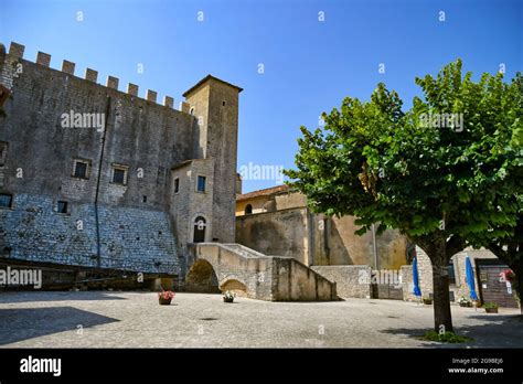 Maenza, Italy, July 24, 2021. The tower of a medieval castle in an old town in the Lazio region ...