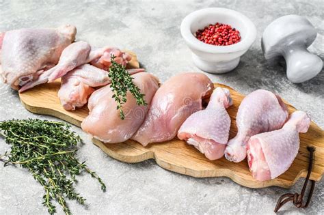 Different Types of Raw Chicken Meat, Poultry. Gray Background Stock ...