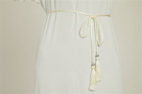 Ivory Slim Plaited Rope Tassel Belt With Silver Beading