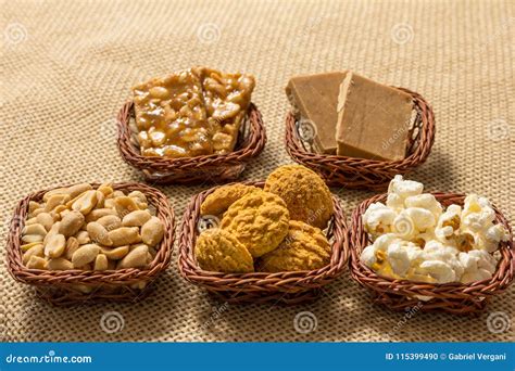 Group of Food of Festa Junina in Wicker Baskets, Typical Brazilian Party: Peanut, Cookie ...