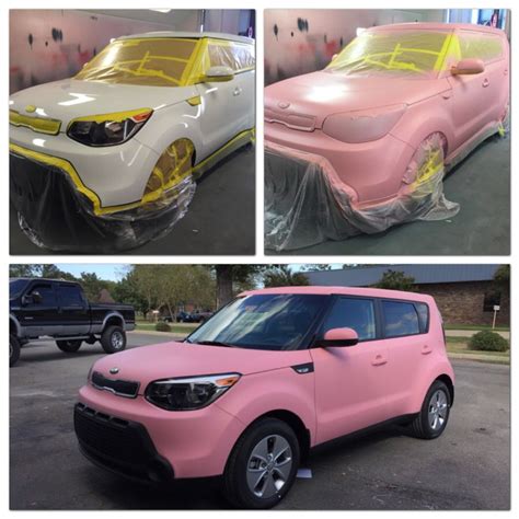 three pictures of cars covered in plastic and parked on the side of the road, one is pink with ...