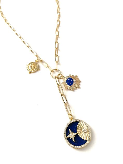 Blue Moon Sun Star Necklace 18k Gold Filled Paperclip Chain Multi Drop ...