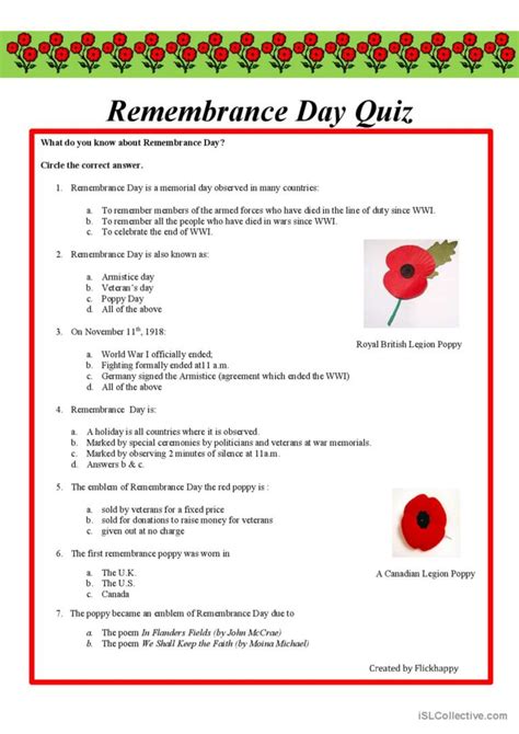 Remembrance Day Quiz: English ESL worksheets pdf & doc