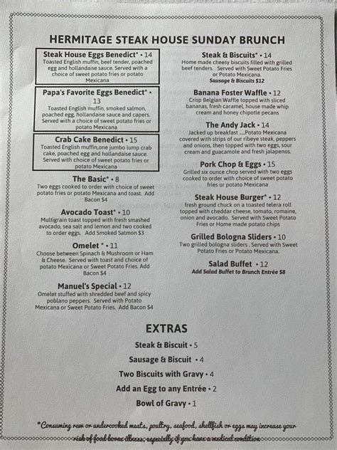 Menu at Hermitage Steak House steakhouse, Nashville, Lebanon Pike