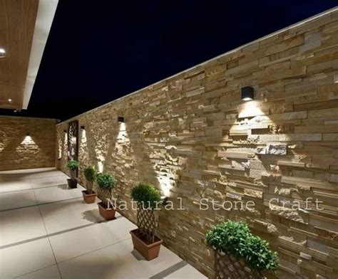 wooden color Mesh Exterior Wall Cladding TEAK SANDSTONE FUSION STACKING ...