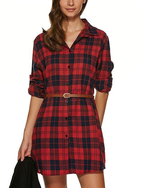 [20% OFF] Long Sleeve Plaid Tunic Flannel Shirt Dress | Rosegal